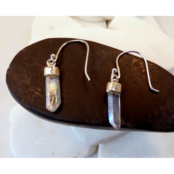 Angel Aura Quartz Crystal Point Sterling Silver Earrings Petite - Picture 3 of 7